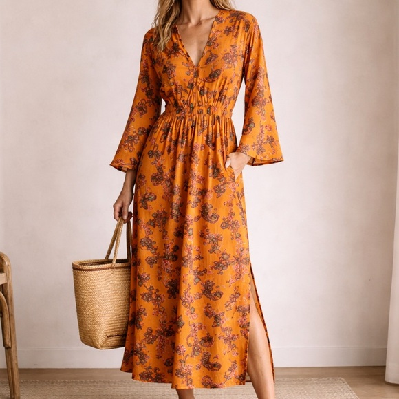 A.L.C. Dresses & Skirts - A.L.C. Floral Cotton Midi Dress Bell Sleeve Orange Size 0 NWT